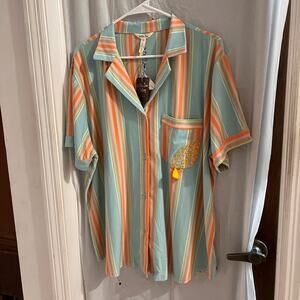 Matilda Jane turquoise orange striped button up pajama top size xxl